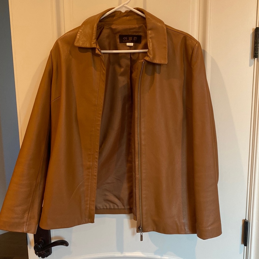Medium carmel brown Korean leather jacket with front zipper